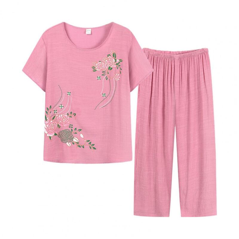 Zomer Vrouwen Lounge Wear Set Korte Mouw Bloemenprint T-shirt Broek Broek Losse Twee Stukken Set Outfit Midden-Aged vrouwen Pak