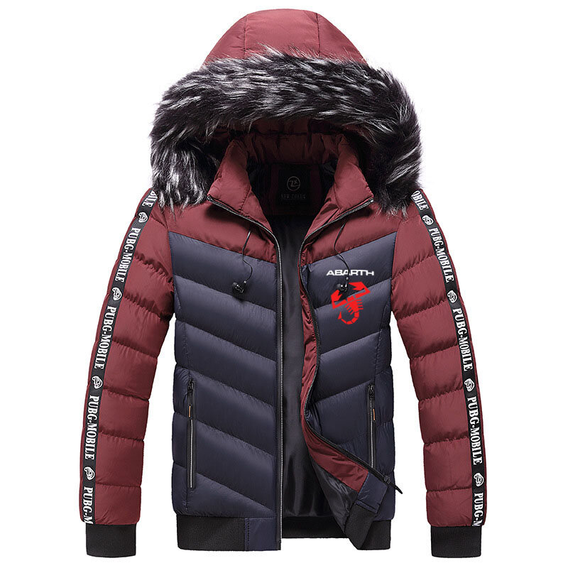2021New fur collar zip jacket windproof coat abarth logo print Winter men's hooded down cotton jacket Warm parka coat
