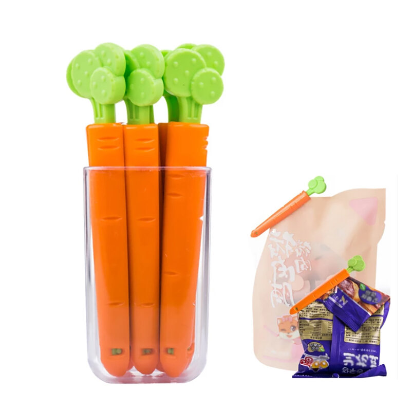 Pinzas de sellado para bolsas de comida, Clip de cierre con forma de zanahoria de dibujos animados, abrazadera a prueba de humedad, mantenimiento fresco, accesorios de cocina, 5 unidades