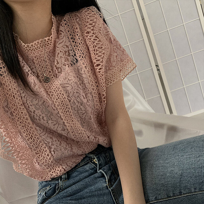 High Quality Summer Elegant White Lace Blouse Shirt Women Short Sleeve Sexy Streetwear Hollow Out Embroidery Blouses Autumn Tops