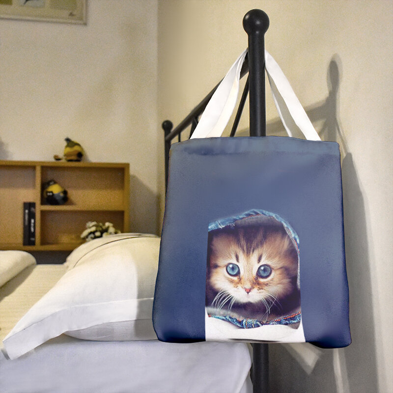 Novo estilo feminino saco de lona engraçado bonito dos desenhos animados gatinho animal impressão dobrável tote ombro pano sacola de compras reutilizável eco bolsa