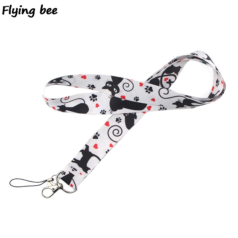 Flyingbee น่ารักน่ารักแมว Lanyard สีดำแมวพวงกุญแจคีย์ผู้ถือสายคล้องคอผู้หญิง Lanyard สำหรับคีย์ ID Card เชือกโทรศัพท์ x0370