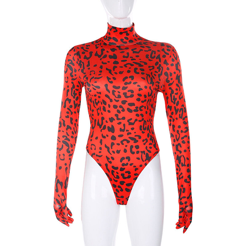 BKLD-body de cuello alto con estampado de leopardo para mujer, mono ajustado de manga larga con guantes, ropa de Club para otoño, 2019
