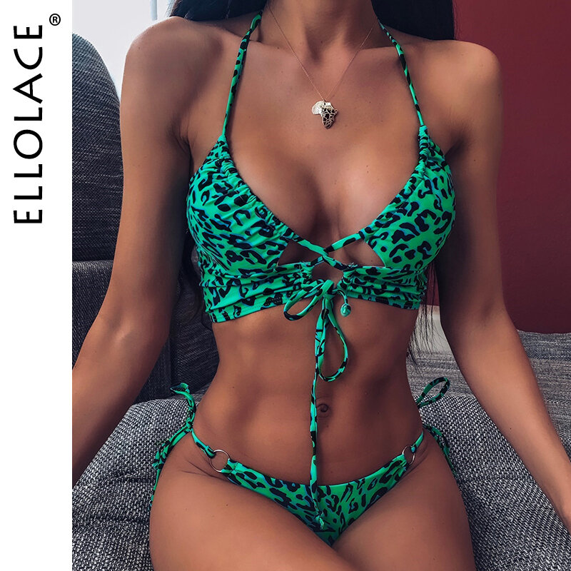 Ellolace-Bikini de Animal con realce para mujer, traje de baño Sexy de leopardo, Monokini con cuello Halter y espalda descubierta