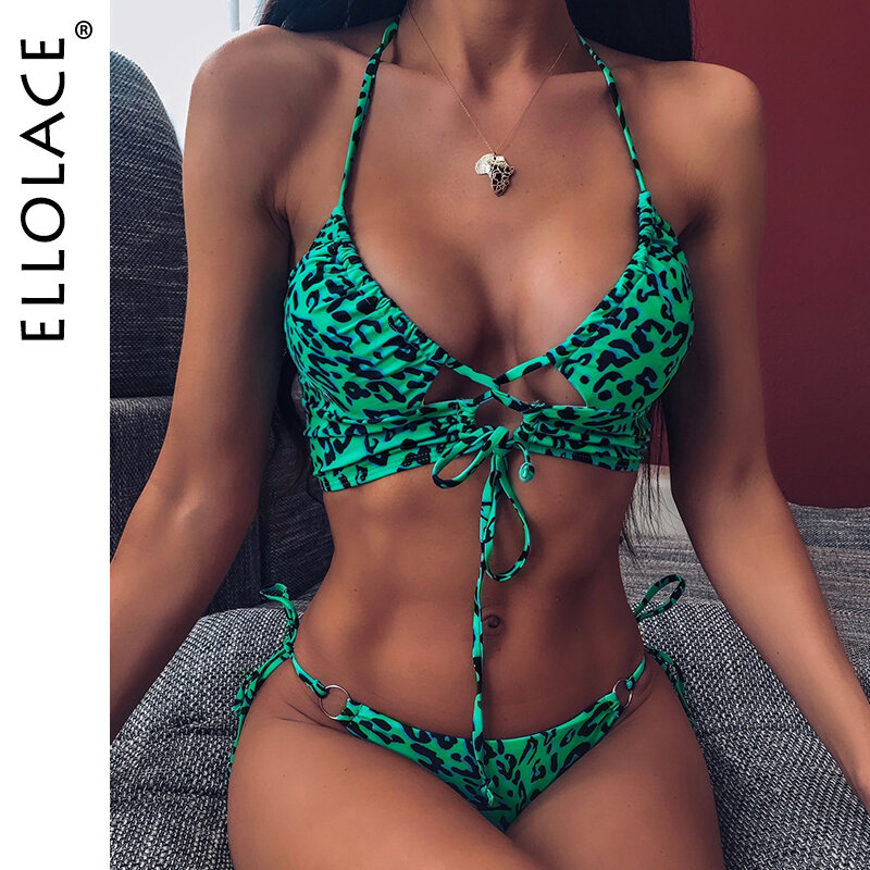 Ellolace Animal Bikini Push Up Swimwear Women Leopard Female Bandage Sexy Swimwear Women Monokini Halter Backless Bathing Suit