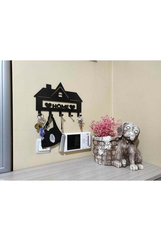 Decorative - Aesthetic Key Holder Home Written, Heart Themed, Stylish, Black Model, Wall Decoration, Giftable, Free Shipping