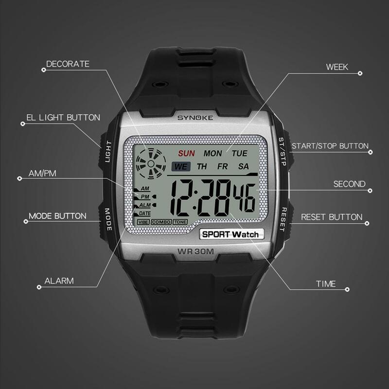 SYNOKE Men Digital Watches nuovo arrivo Big Square Dial Alarm Week cronografo impermeabile orologio sportivo multifunzione Relojes