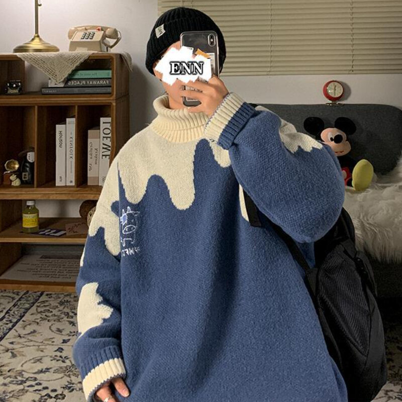 Pullover Frauen Patchwork Verdickung Rollkragenpullover Koreanische Mode BF Verbreitet Junge Unisex Design Lose Winter Warm Halten