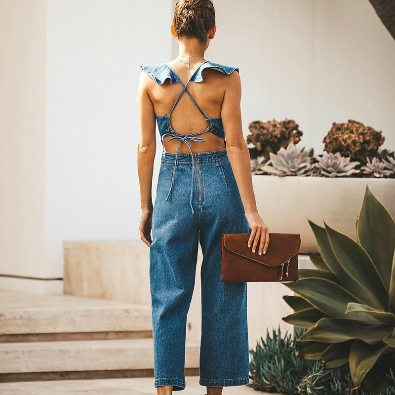 Nowe mody wiosna lato zasznurować jeden kawałek pajacyki kobiety Sexy Backless jasnoniebieski panie kombinezon na przyjęcie proste spodnie 2020