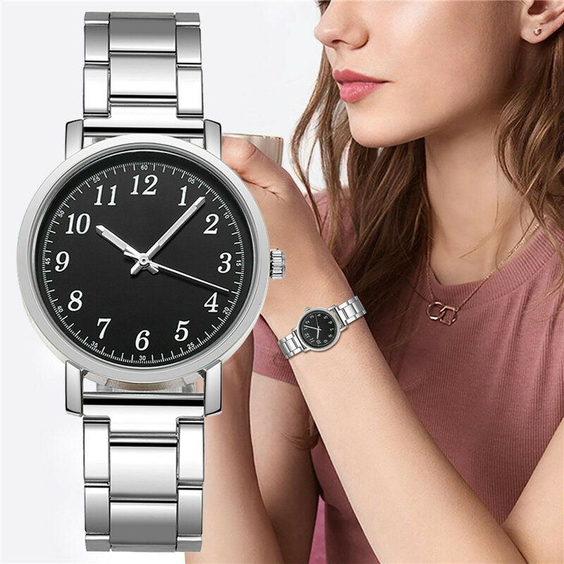 Relojes redondos de moda para mujer, correa de acero inoxidable Simple, reloj de cuarzo para mujer 2021