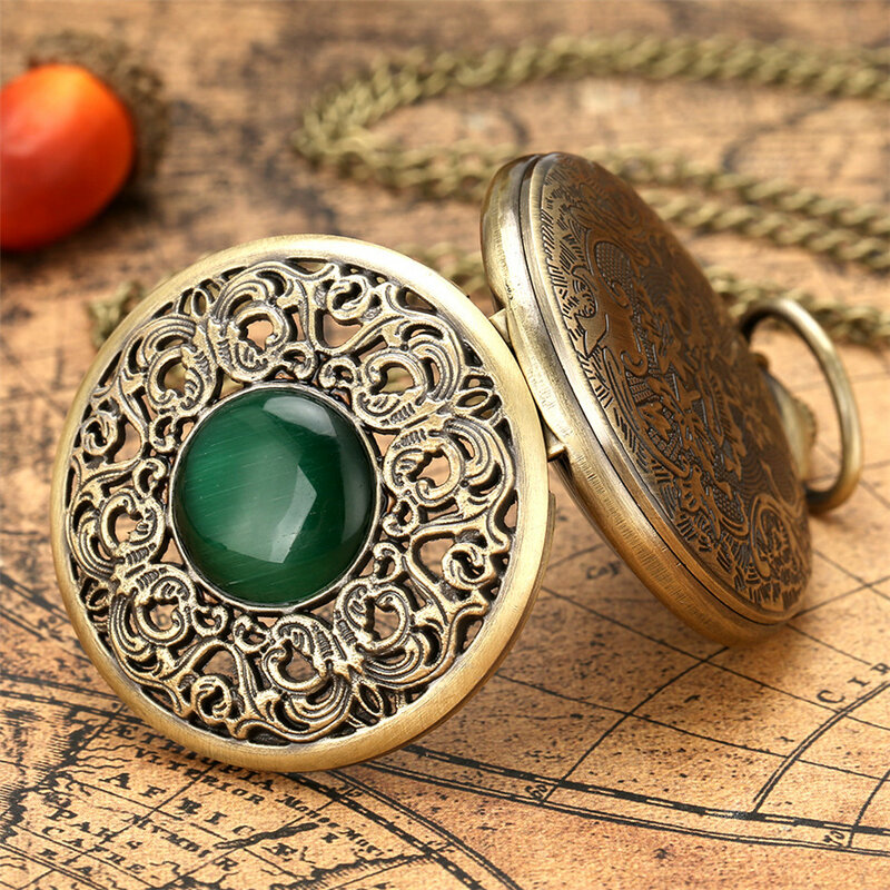 Green Stone Carved Pattern Bronze Quartz Pocket Watch Antique Necklace Pendant Clock Gift Men Women Arabic Numerals Display Dial