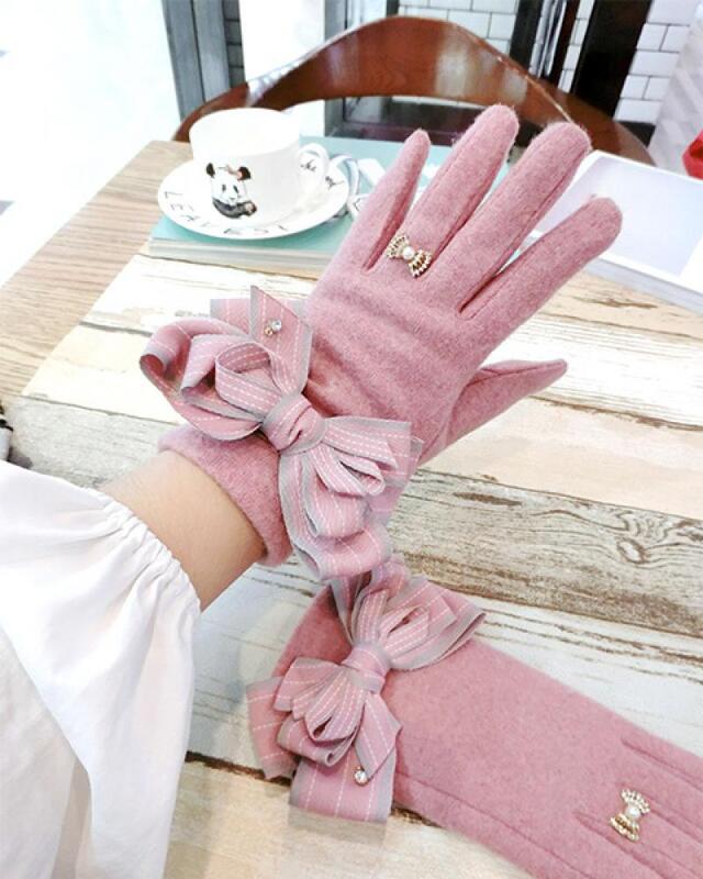 Pasiaste kokardki kaszmirowe rękawiczki koreańskie damskie zimowe rękawiczki moda śliczne ekrany dotykowe pięć palców ciepłe, kaszmirowe rękawiczki damskie A431