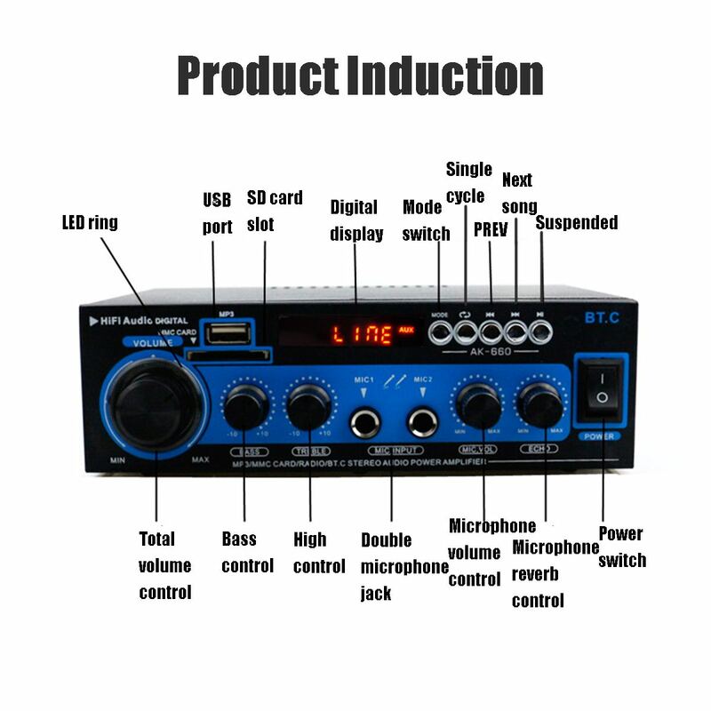1000W Car Home Amplifiers HIFI Bass bluetooth Audio Power Amplifier for Public Broadcasting Theater Amplifier Subwoofer Speakers