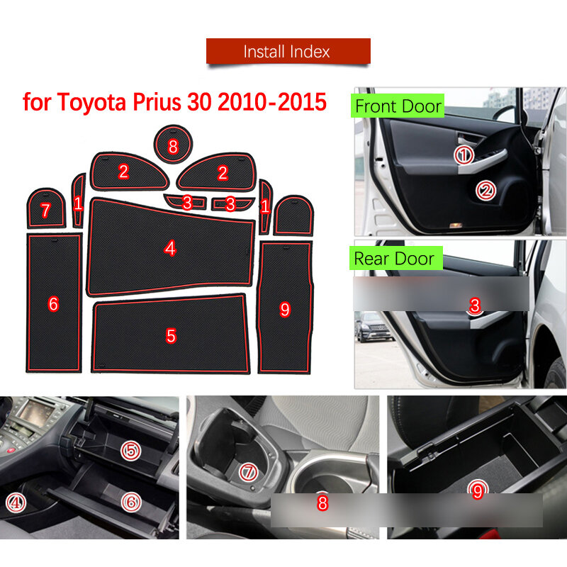for Toyota Prius 30 XW30 ZVW30 2010 2011 2012 2013 2014 2015 Rubber Anti-slip Mat Door Groove Cup pad Coaster Car Accessories