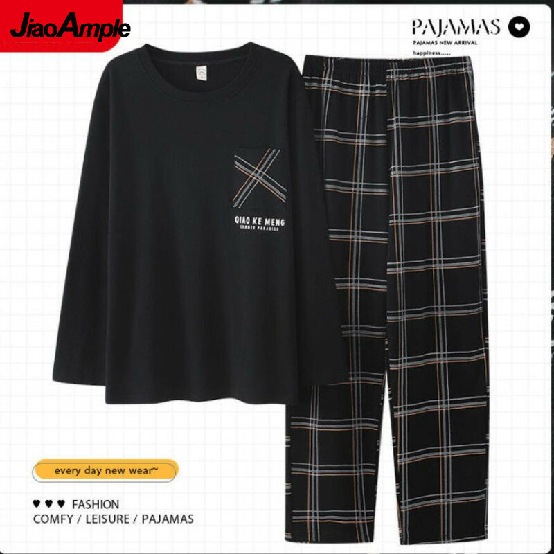 Pijamas de algodón para hombre, ropa de dormir informal de dos piezas con pantalones de manga larga, camisón para el hogar, primavera y otoño