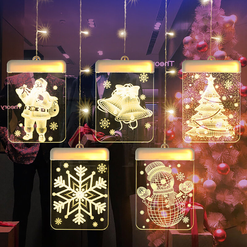 معلقة نافذة الستار ضوء عيد الميلاد داخلي نافذة سلسلة ضوء الديكور شجرة عيد الميلاد ، سانتا كلوز ، ندفة الثلج ، أبيض دافئ