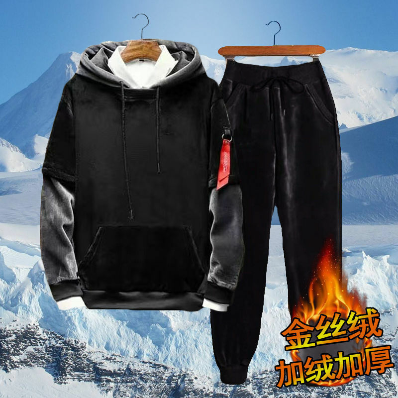 2020 inverno Plus Size uomo Casual caldo tuta in pile con cerniera cappotto con cappuccio pantaloni con coulisse 2 pezzi set abbigliamento uomo