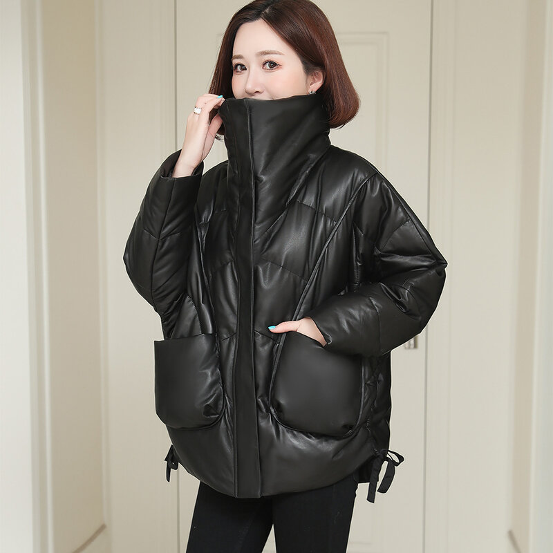 Jaqueta de couro genuíno para mulheres, gola em pé, casacos de pele de carneiro, ajuste descontraído, casaco preto casual com bolsos, inverno