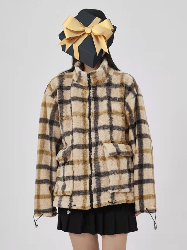 女性のための小さなフレグランスジャケット,韓国スタイルのファッション,厚い,ゆったりとした,レトロな市松模様の綿のコート,新しい秋と冬のコレクション