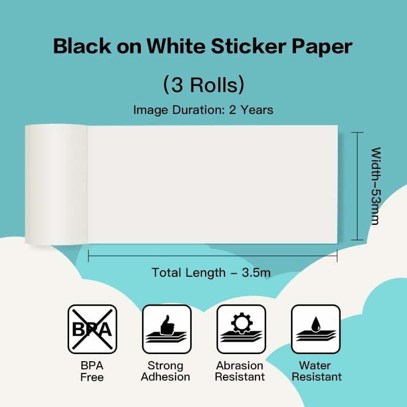 Phomemo-papel térmico autoadhesivo, negro sobre blanco, 53mm x 3,5 mpara Mini impresora térmica portátil T02/M02X, 3 rollos por caja