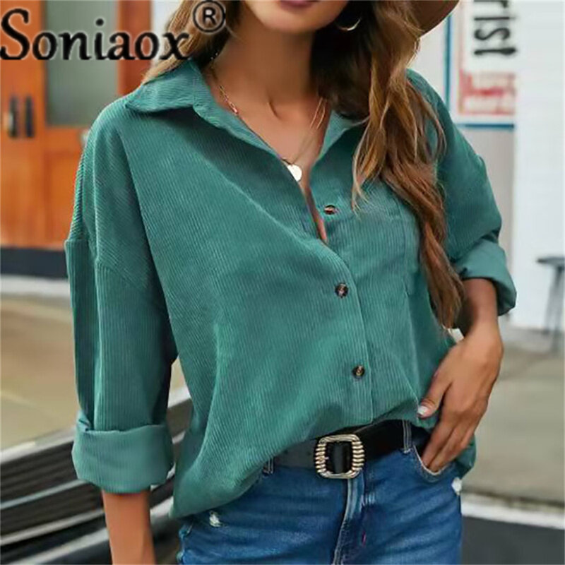 Corduroy Shirt Women Solid Color Long Sleeve Turn-Down Collar Casual Loose Fashion Tops Ladies Streetwear Shirt Vintage Clothes