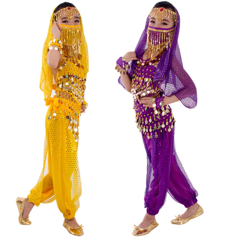 Bambini Danzatrice Del Ventre Pantaloni Cintura Velo Accessori per le Ali Per Bambini Maschera Bollywood Vestito Delle Ragazze di danza Del Ventre Costume Set 2-8 pezzi