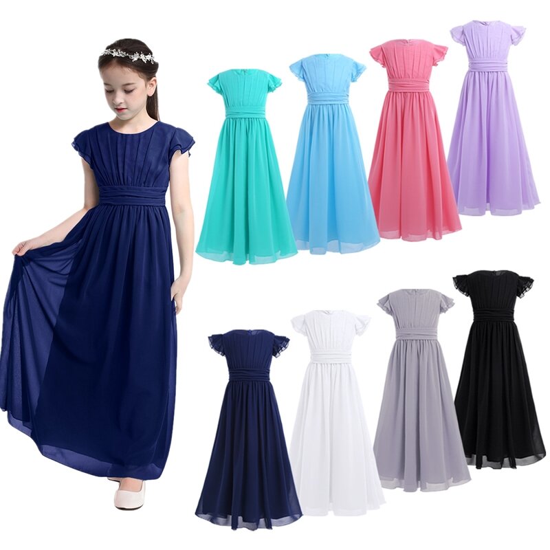 Suknie dla małych druhen dziewczyny plisowany szyfon długa sukienka korowód dla dzieci vestidos wesele sukienka księżniczka sukienki dla dzieci