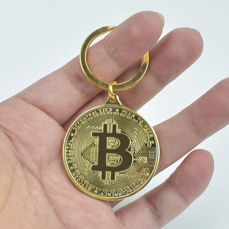Pure gold silver Plated Bitcoin Keychain Bit Coin Coin Key Chain Collectible  Physical Metal Coin