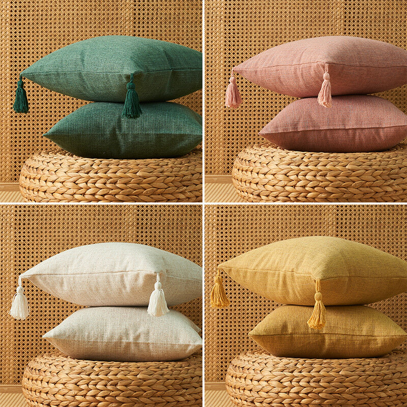 Sarung Bantal Sarung Bantal Linen untuk Sofa Ruang Tamu Bantal Dekoratif dengan Rumbai Rumah Pertanian Dekorasi Rumah Housse De Coussin
