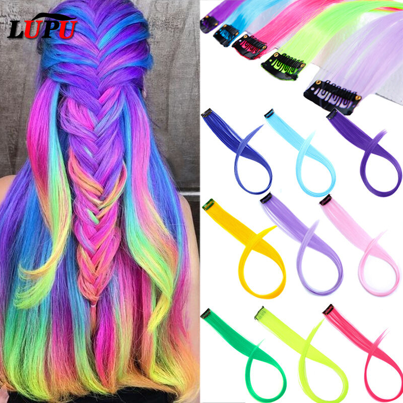 Синтетические пряди для наращивания волос LUPU, длинные прямые пряди для волос с эффектом омбре, серые, красные, розовые, цветные, радужные пряди для волос на шпильках