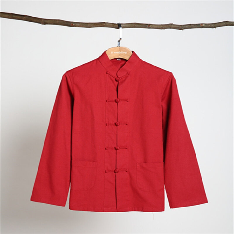 Disfraz Hanfu de manga larga para mujer, ropa tradicional china de algodón, traje Tang Top, camisa de uniforme de Kung Fu y Tai Chi, blusa roja