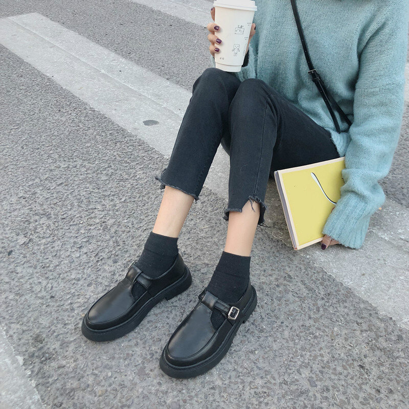 Wiosenne/jesienne modne obuwie nowe komfortowe skórzane damskie buty damskie płaskie solidne czarne Slip on Female Tenis Feminino W35-25