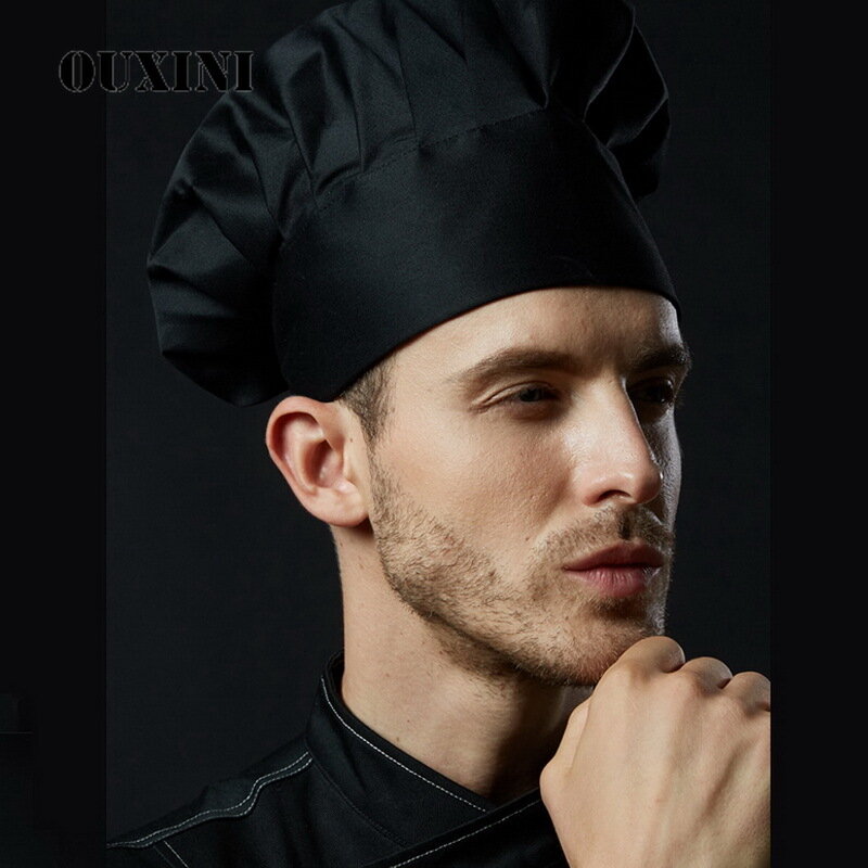 Chapéu de chef ajustável, preto, masculino, de cozinha, elástico, com listras, para trabalho em restaurante, cozinhar