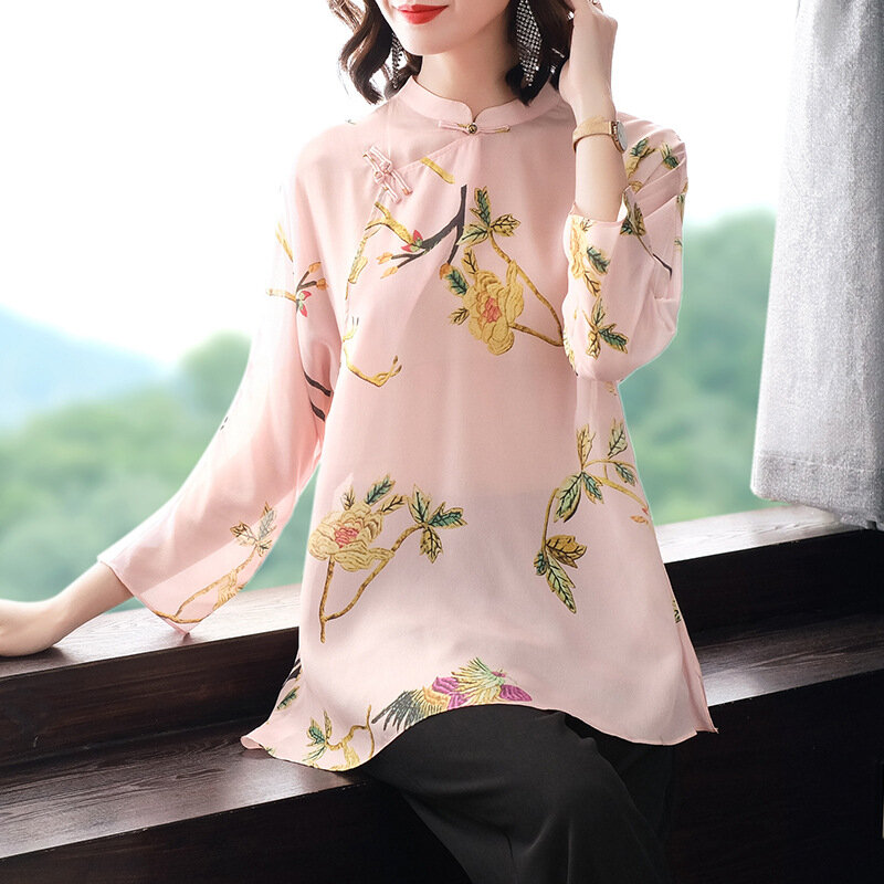 Chemises en soie véritable pour femmes, hauts et chemisiers à manches longues, chemisier printemps automne mode coréenne, vêtements pour femmes, P7562 YY2621