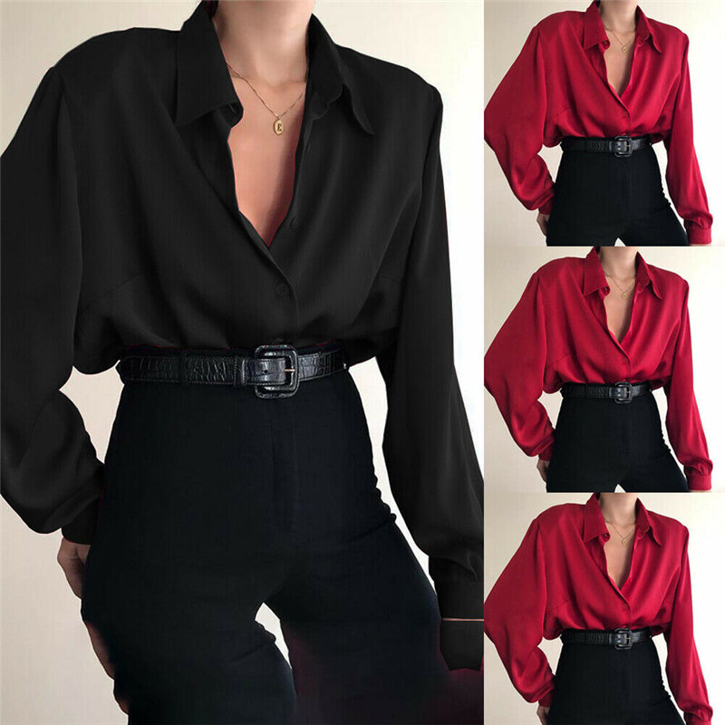Модная Осенняя женская блузка, рубашка, Повседневная однотонная черная, красная женская блузка с отложным воротником и длинным рукавом, женский топ, одежда