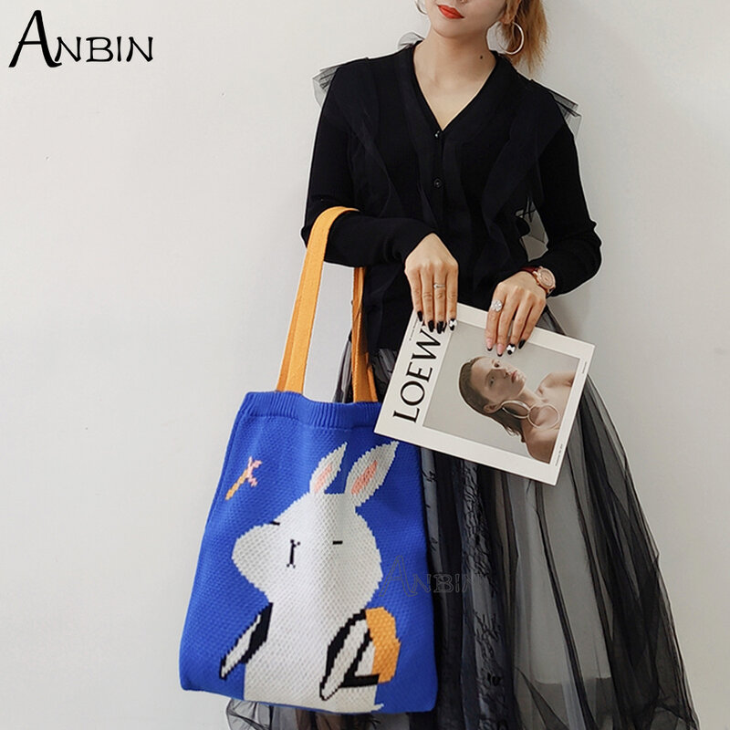Casual estilo universitario de alta calidad de lana invierno bandolera tejido bolso de conejo divertido bolso de compras plegable bolsas para las mujeres