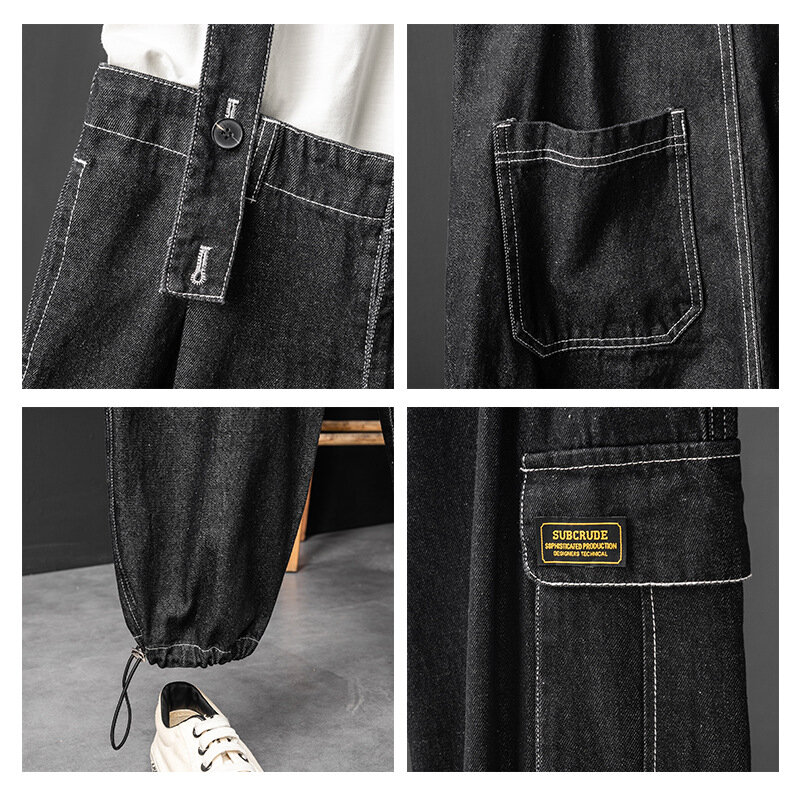 Мужские джинсовые комбинезоны на лямках, повседневные свободные штаны с большим карманом в стиле хип-хоп, уличная одежда, черные джинсы, грузовые брюки