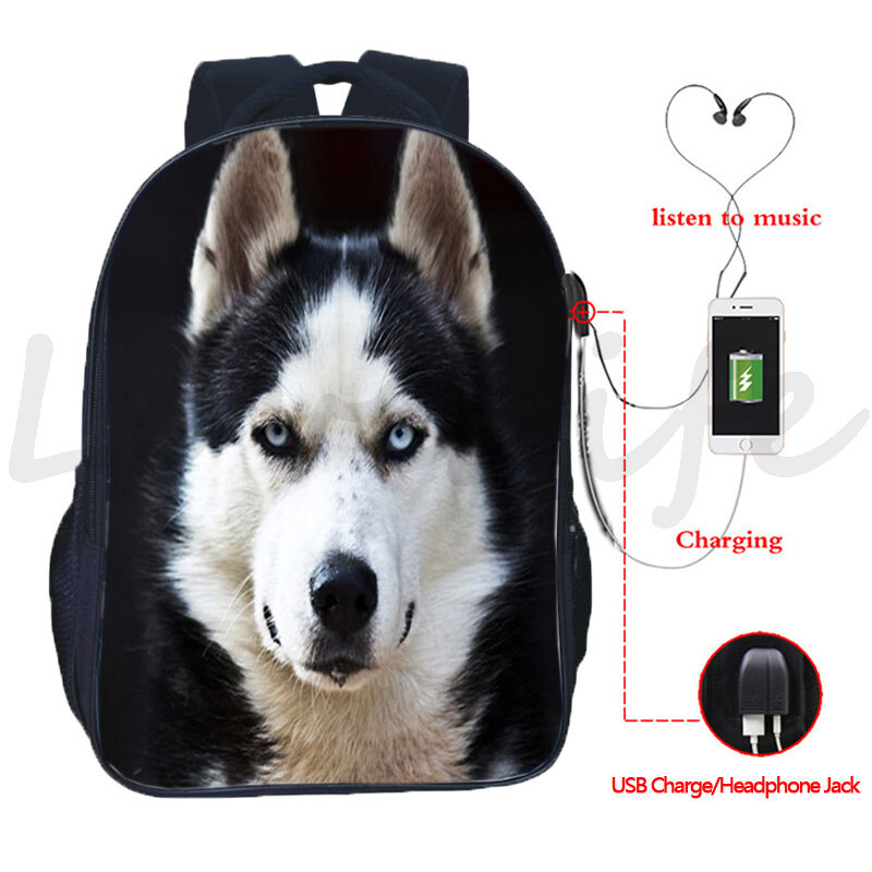 Mochila con carga USB para perro pastor alemán, morral escolar de perro Husky, Bulldog, estudiantes, adolescentes, Boston Terrier