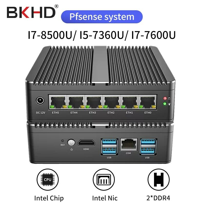 BKHD High-quality Pfsense Firewall Router Mini PC 6 LAN 8th gen cpu fanless mini computer Openwrt X86 Vyos Ubuntu Centos