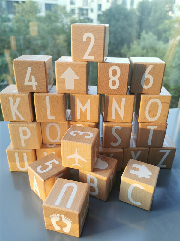 어린이 몬테소리 나무 장난감, 큰 너도밤나무 알파벳 블록, 문자 숫자 쌓기 큐브 벽돌, 조기 학습, 26 개