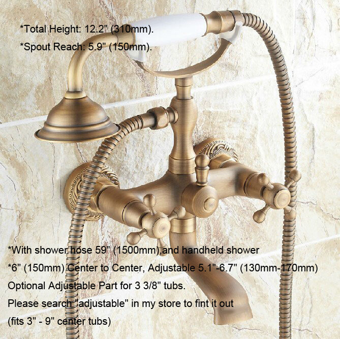 Grifo de bañera montado en la pared de latón antiguo, Vintage, con cabezal de pulverización de ducha de mano de 1500MM, mezclador 2tf122