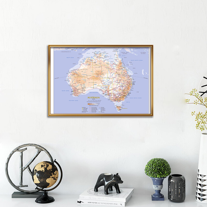 59*42cm Terrain and Traffic Route Map of The Australia Canvas Painting Wall Art Poster School Supplies Classroom Home Decoration