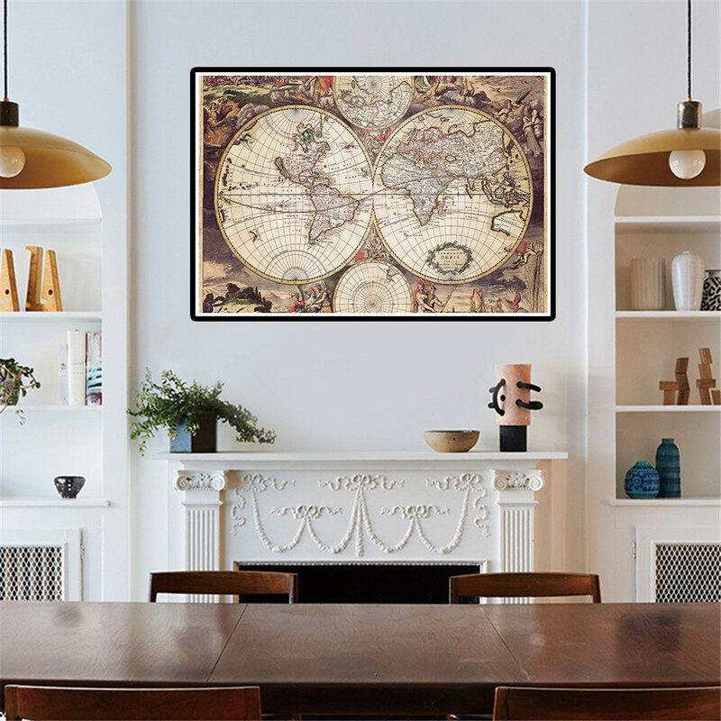 59*42Cm Peta Antik Dunia Lukisan Kanvas Semprot Abad Pertengahan Retro Dinding Seni Poster Perlengkapan Sekolah Ruang Tamu Dekorasi Rumah