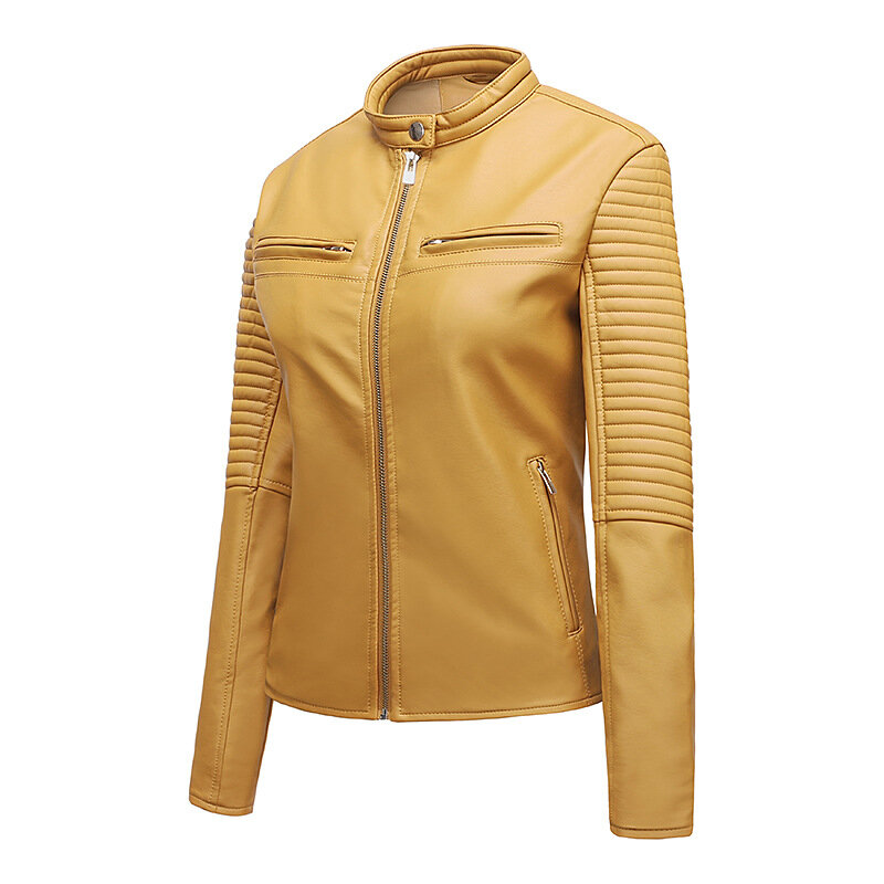 女性の合成皮革のジャケット,「女性のためのファッショナブルな秋のジャケット,スタンドカラー,ジッパー,ショートコート,バイカースタイル
