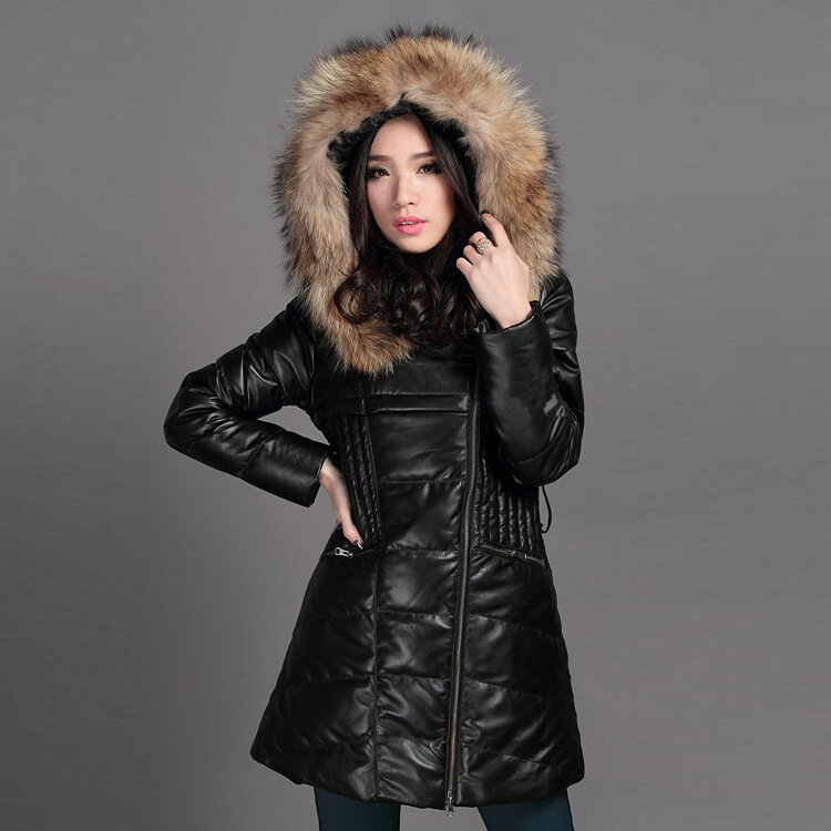 Genuine frete grátis, moda couro mulheres jaquetas de pele fina. inverno quente pato para baixo tamanho asiático feminino casaco de pele carneiro marca