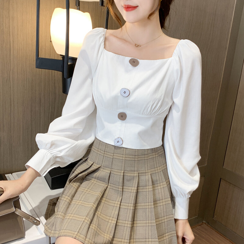 Women Tops 2020 Autumn New Korean Retro Square Collar Exposed Clavicle Long Sleeve Shirt Short Blouse Women Button Decoration