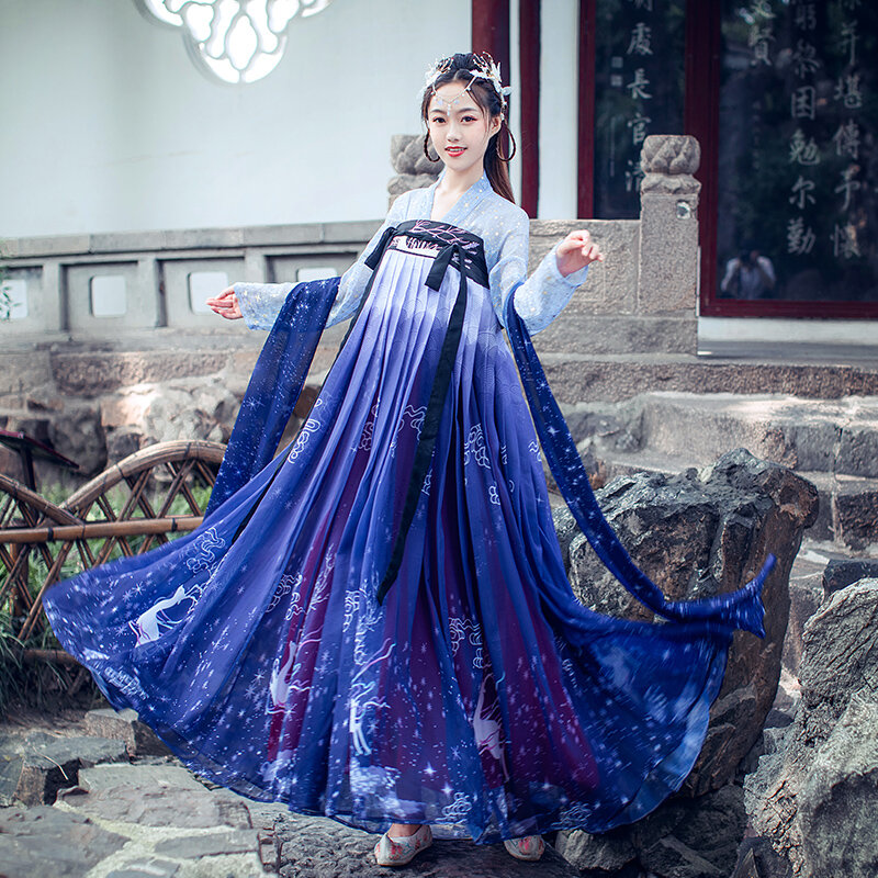 ชุดจีน Hanfu สีฟ้าเย็บปักถักร้อย Hanfu ชุดสตรีสไตล์จีนพื้นบ้าน Dance Cosplay เครื่องแต่งกาย Kimono เสื้อผ้าแบบดั้งเดิม