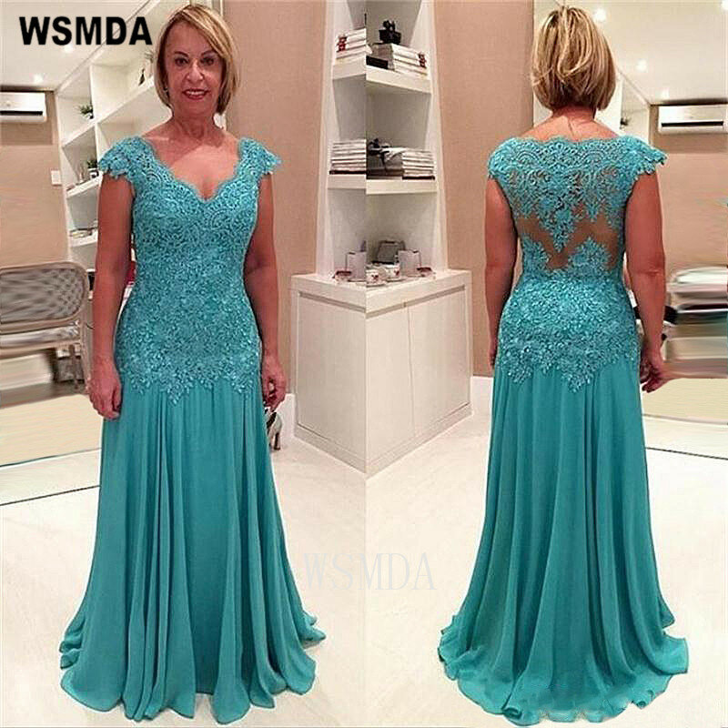 Lace Chiffon Long Mother of The Bride Dresses with V-neck Capped Sleeves Mother Dresses for Wedding Mother In Law Dresses