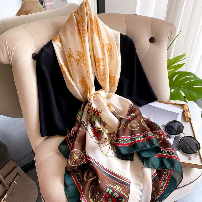 Lenço de seda feminino, lenço de luxo da moda, feminino, com corrente, macio, longo, para outono e inverno