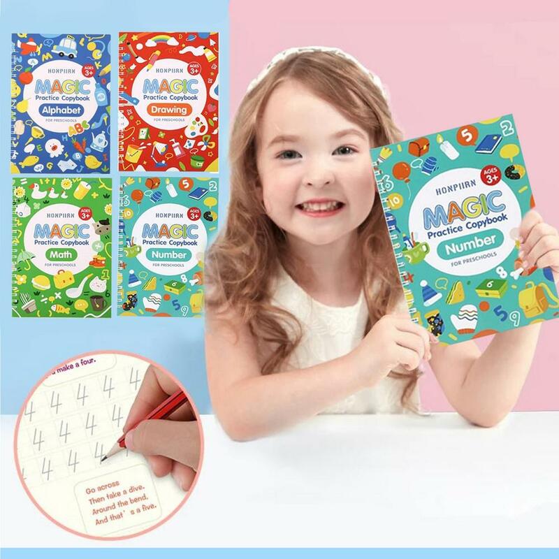 4 libri + Set di penne libro di pratica magica pulizia gratuita giocattolo per bambini adesivo per scrivere quaderno inglese per calligrafia giocattoli Montessori